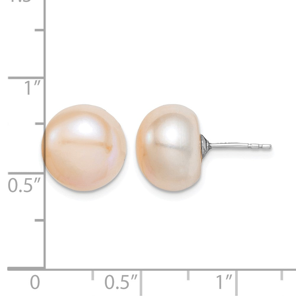 Sterling Silver Rh-pl 11-12mm Pink FW Cultured Button Pearl Stud Earrings