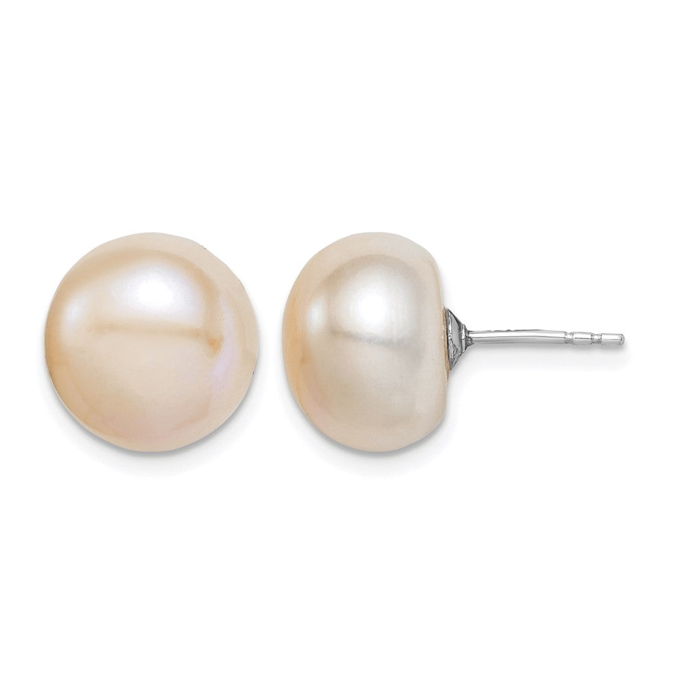 Sterling Silver Rh-pl 11-12mm Pink FW Cultured Button Pearl Stud Earrings