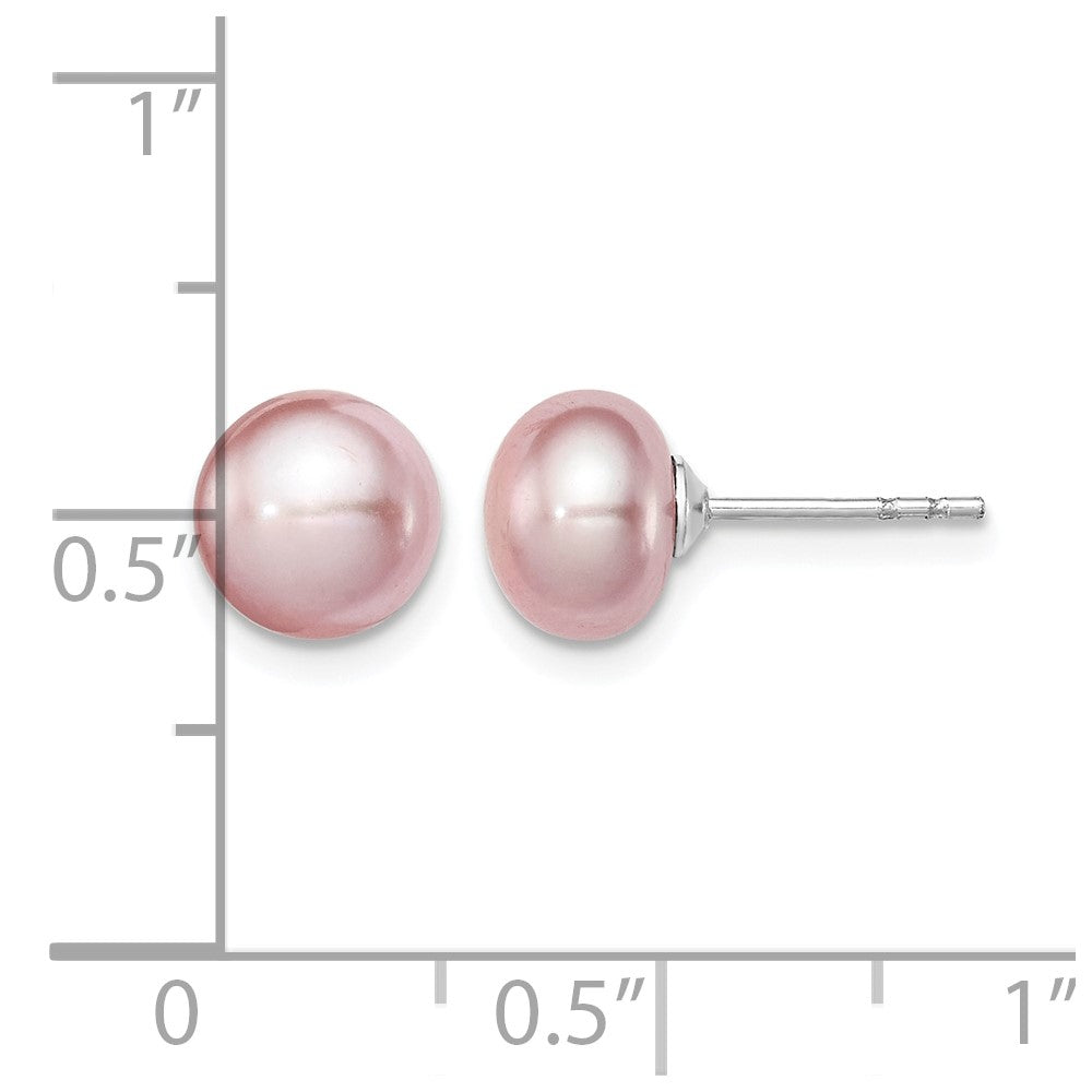 Sterling Silver Rh-plated 7-8mm Purple FWC Button Pearl Earrings