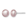 Sterling Silver Rh-plated 7-8mm Purple FWC Button Pearl Earrings