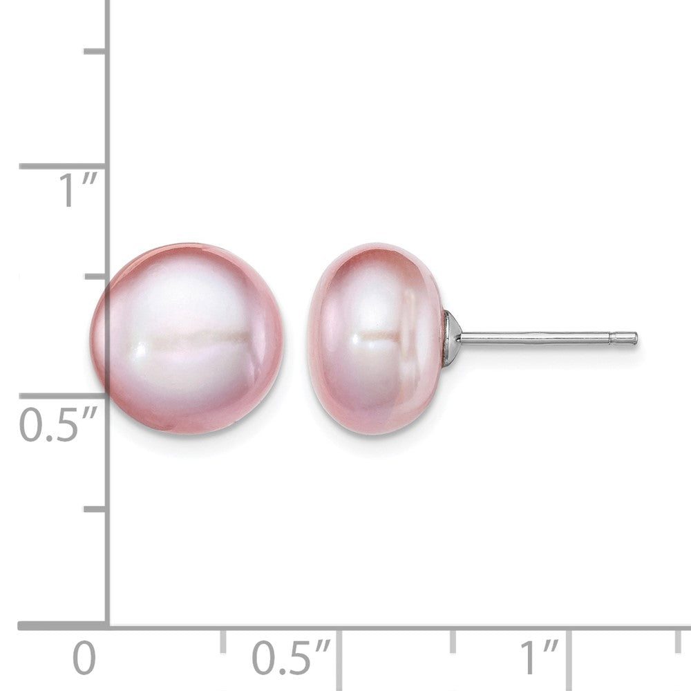 Sterling Silver Rh-plated 10-11mm Purple FWC Button Pearl Earrings