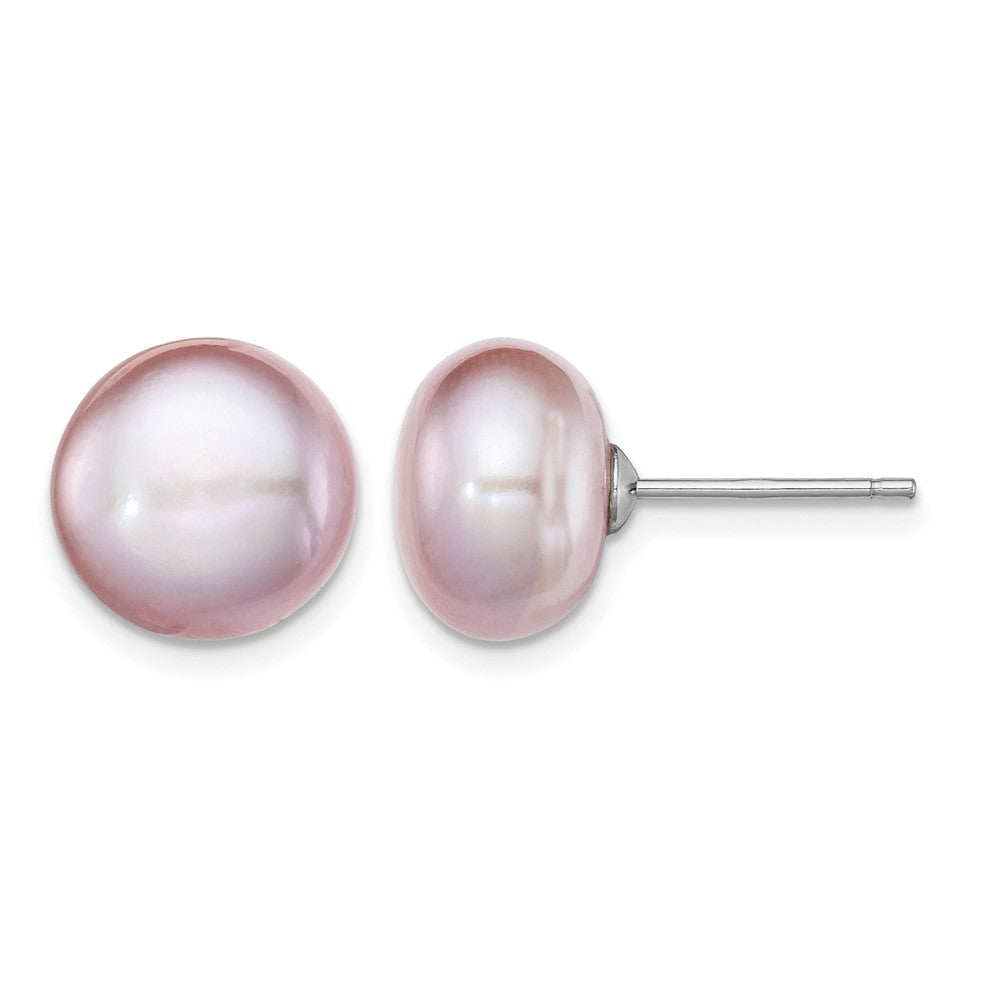 Sterling Silver Rh-plated 10-11mm Purple FWC Button Pearl Earrings