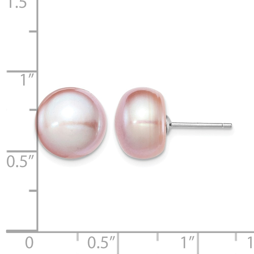 Sterling Silver Rh-plated 11-12mm Purple FWC Button Pearl Earrings