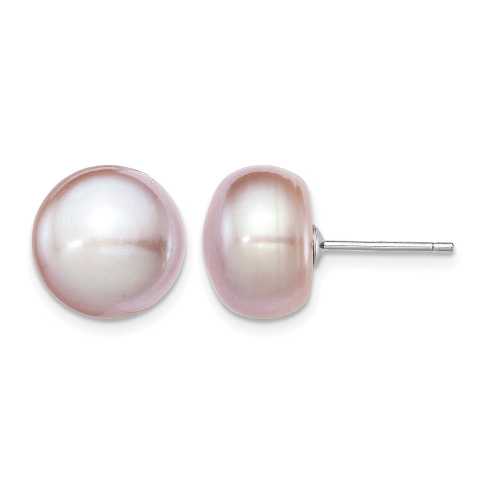 Sterling Silver Rh-plated 11-12mm Purple FWC Button Pearl Earrings