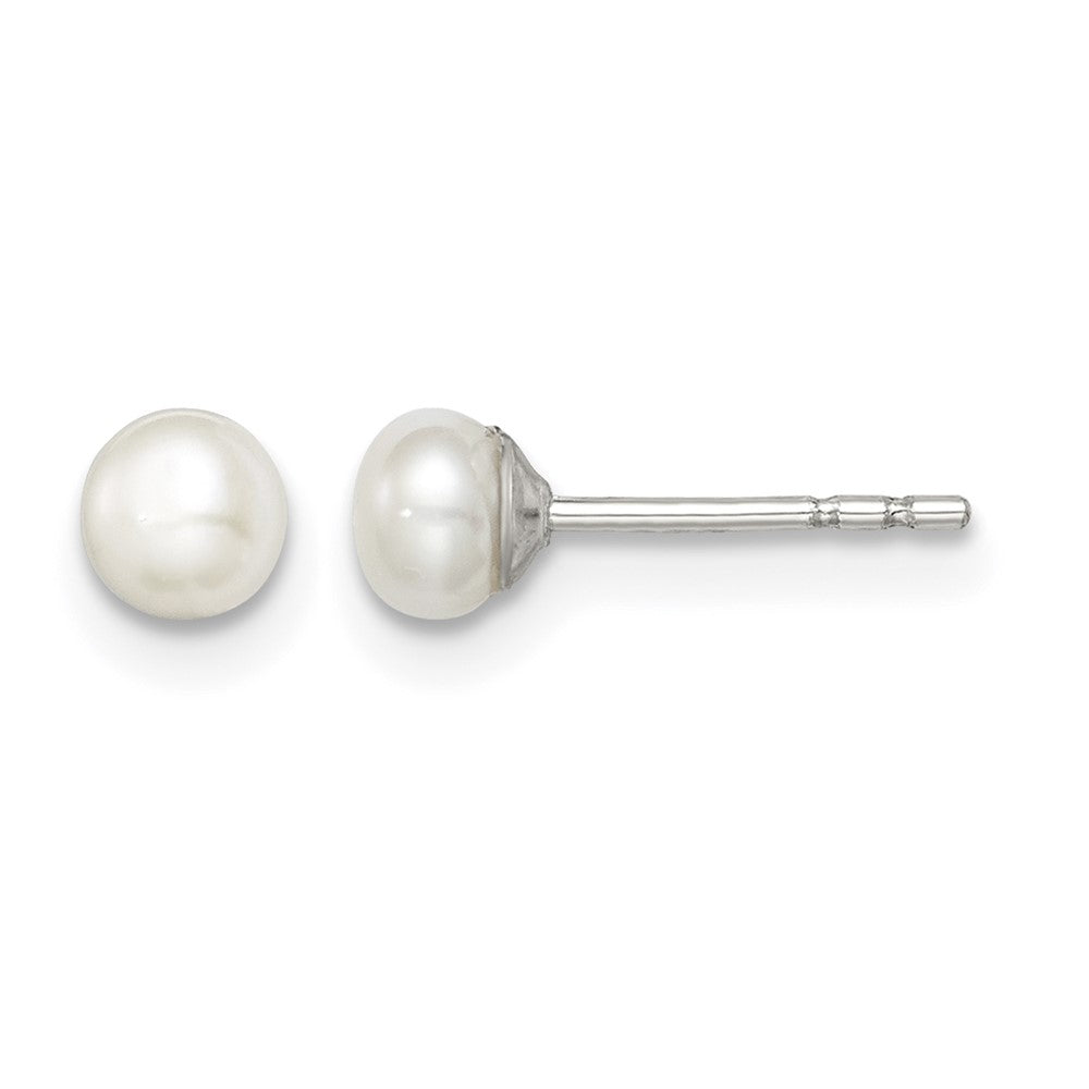 Sterling Silver Rh-plated 3-4mm White FW Cultured Button Pearl Stud Earring