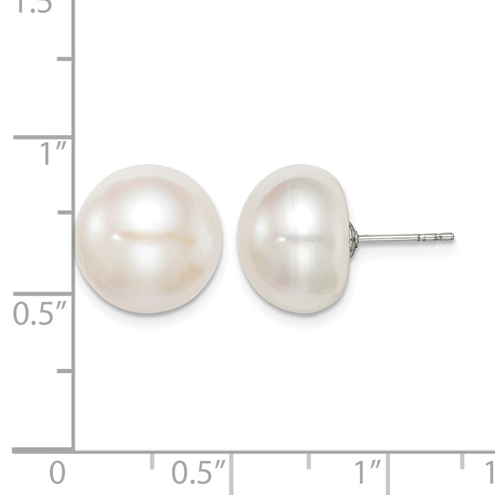 Sterling Silver Rh-plated 12-13mm White FWC Button Pearl Earrings