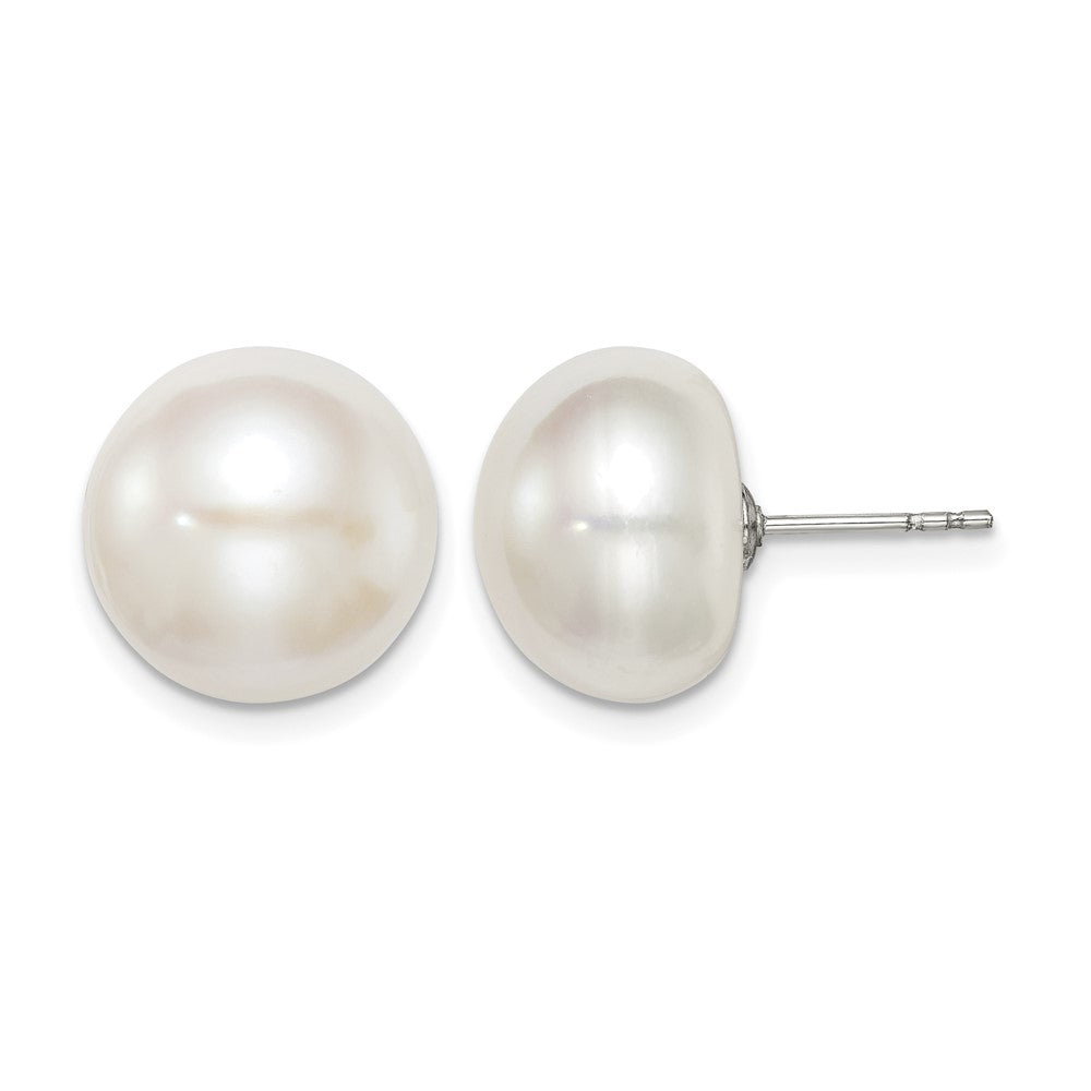 Sterling Silver Rh-plated 12-13mm White FWC Button Pearl Earrings