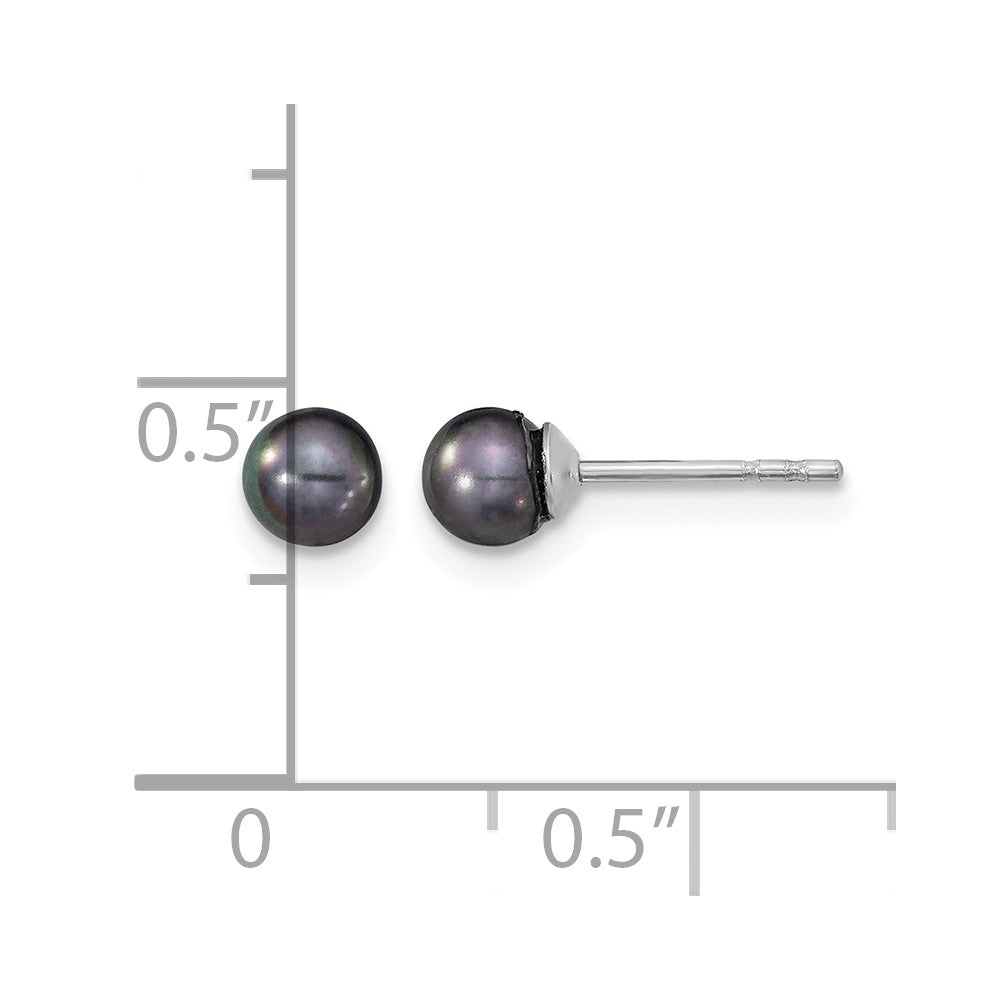 Sterling Silver 4-5mm RH Black FW Cultured Round Pearl Stud Earrings