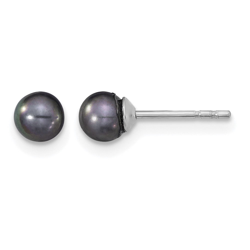 Sterling Silver 4-5mm RH Black FW Cultured Round Pearl Stud Earrings
