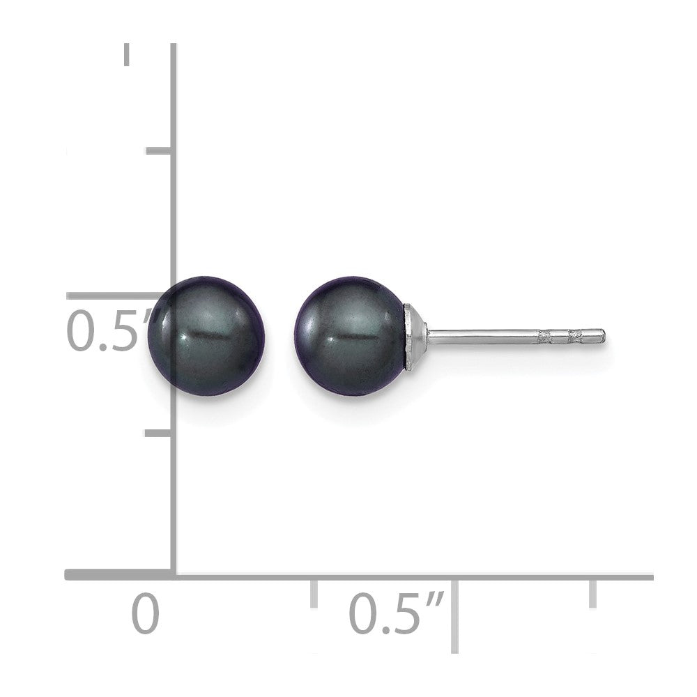 Sterling Silver Rh-plated 5-6mm Black FW Cultured Round Pearl Stud Earrings