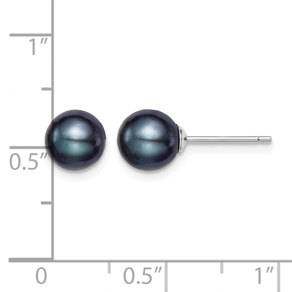 Sterling Silver Rh-plated 7-8mm Black FW Cultured Round Pearl Stud Earrings