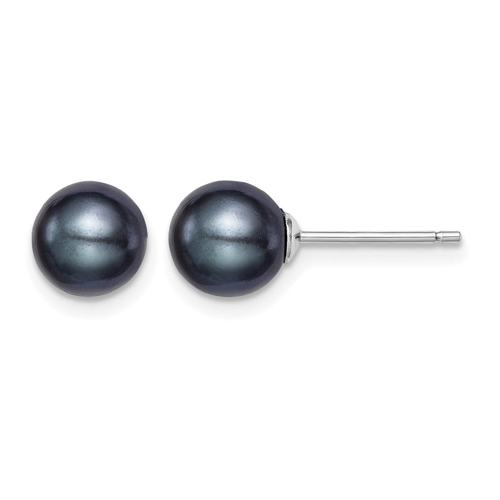 Sterling Silver Rh-plated 7-8mm Black FW Cultured Round Pearl Stud Earrings