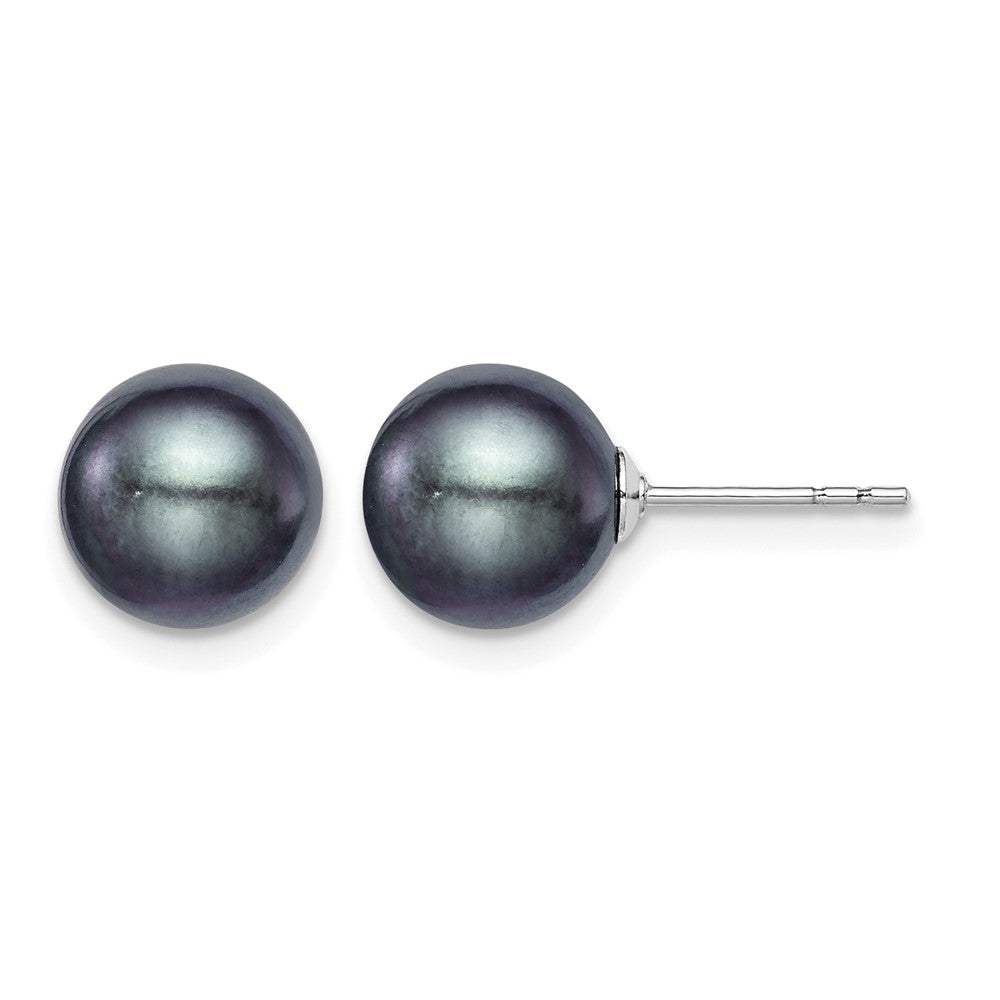 Sterling Silver Rh-plated 8-9mm Black FW Cultured Round Pearl Stud Earrings