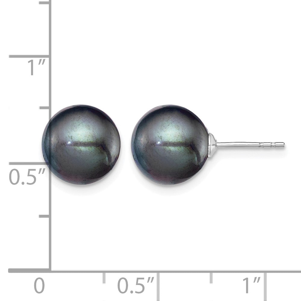 Sterling Silver Rh-plated 9-10mm Black FW Cultured Round Pearl Stud Earring