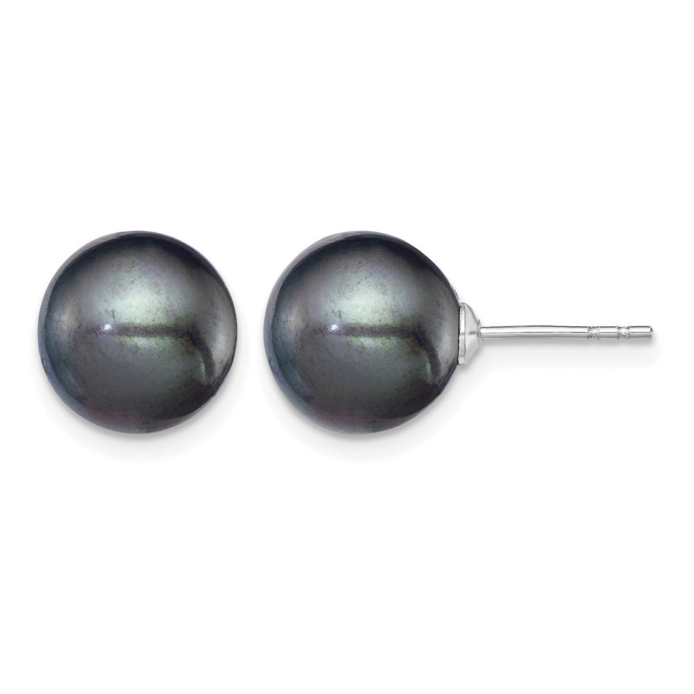Sterling Silver Rh-plated 9-10mm Black FW Cultured Round Pearl Stud Earring