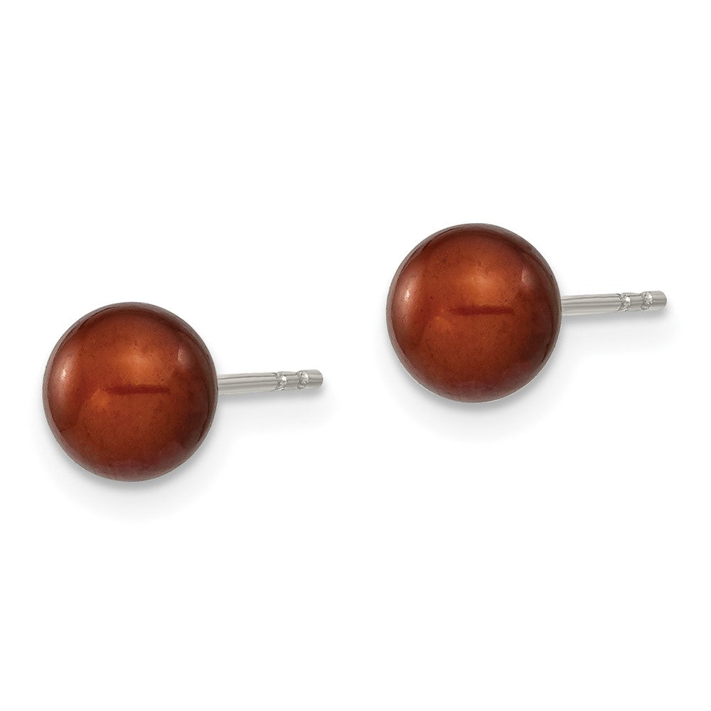 Sterling Silver Rh-plated 6-7mm Brown FW Cultured Round Pearl Stud Earring