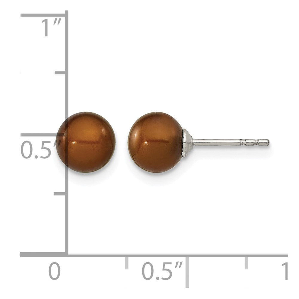 Sterling Silver Rh-plated 6-7mm Brown FW Cultured Round Pearl Stud Earring