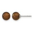 Sterling Silver Rh-plated 6-7mm Brown FW Cultured Round Pearl Stud Earring