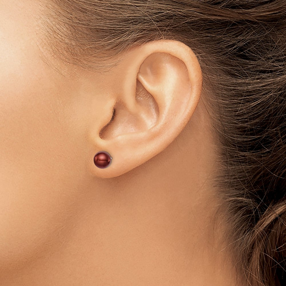 Sterling Silver Rh-plated 7-8mm Brown FW Cultured Round Pearl Stud Earring