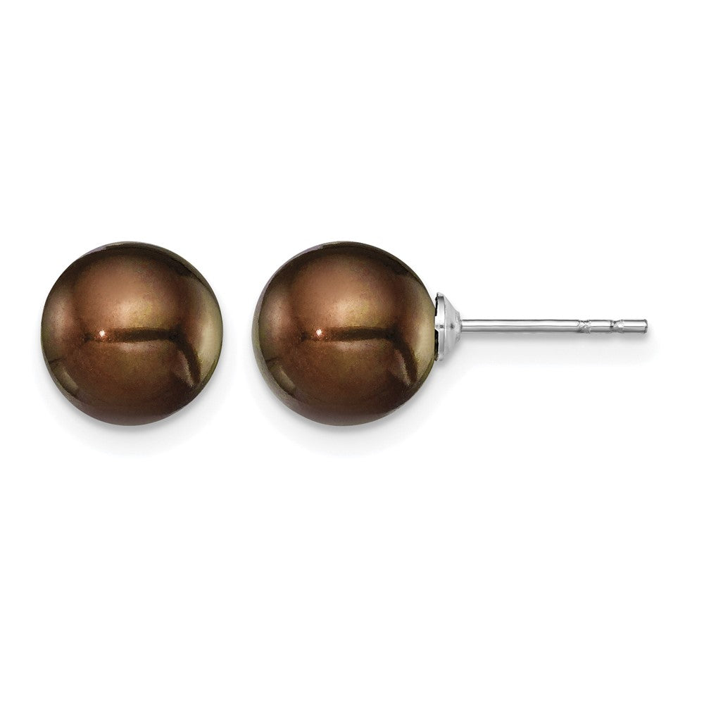 Sterling Silver Rh-plated 8-9mm Brown FW Cultured Round Pearl Stud Earring