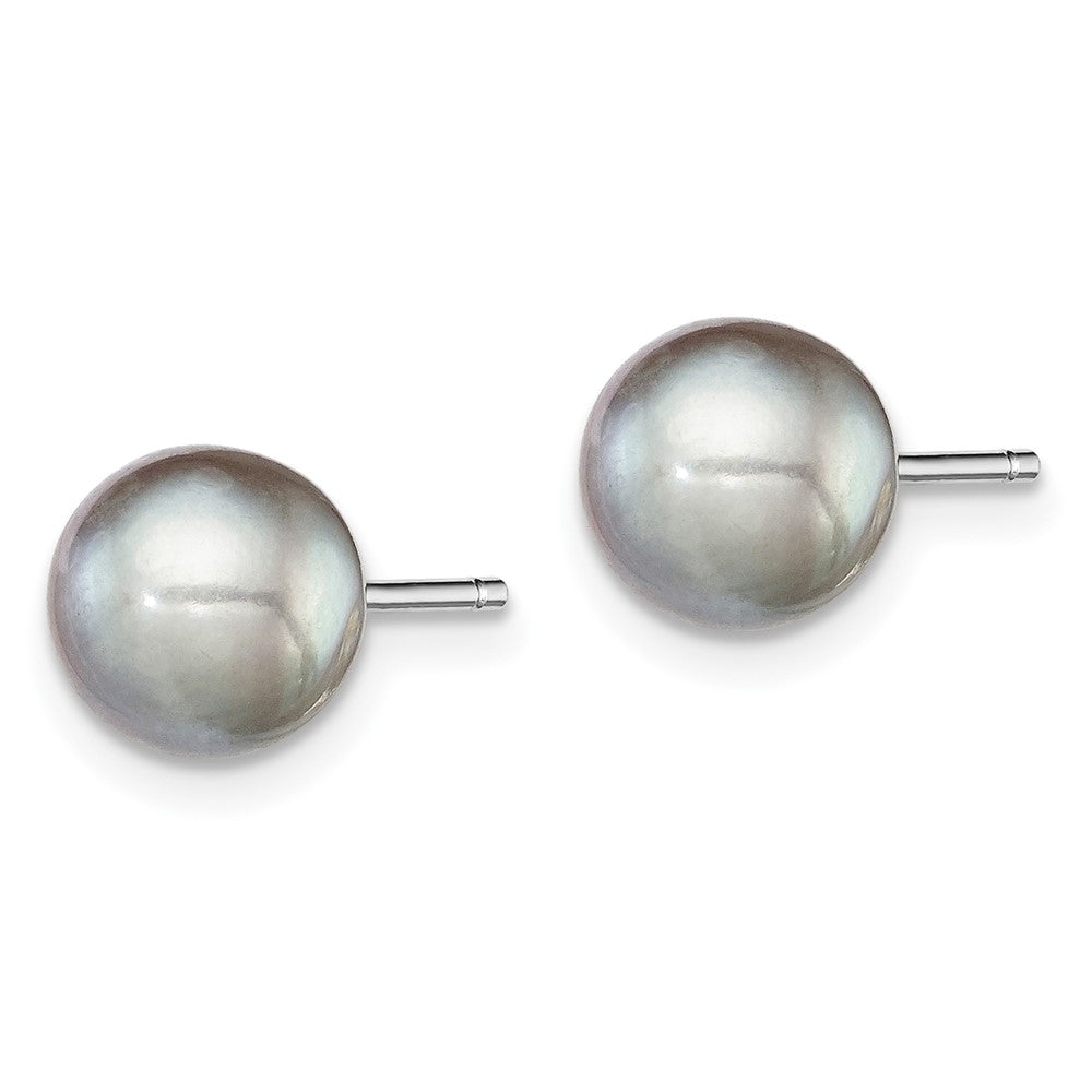 Sterling Silver Rh-plated 7-8mm Grey FW Cultured Round Pearl Stud Earrings
