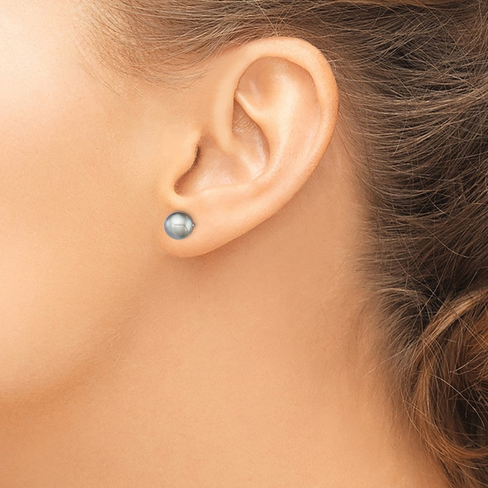 Sterling Silver Rh-plated 7-8mm Grey FW Cultured Round Pearl Stud Earrings