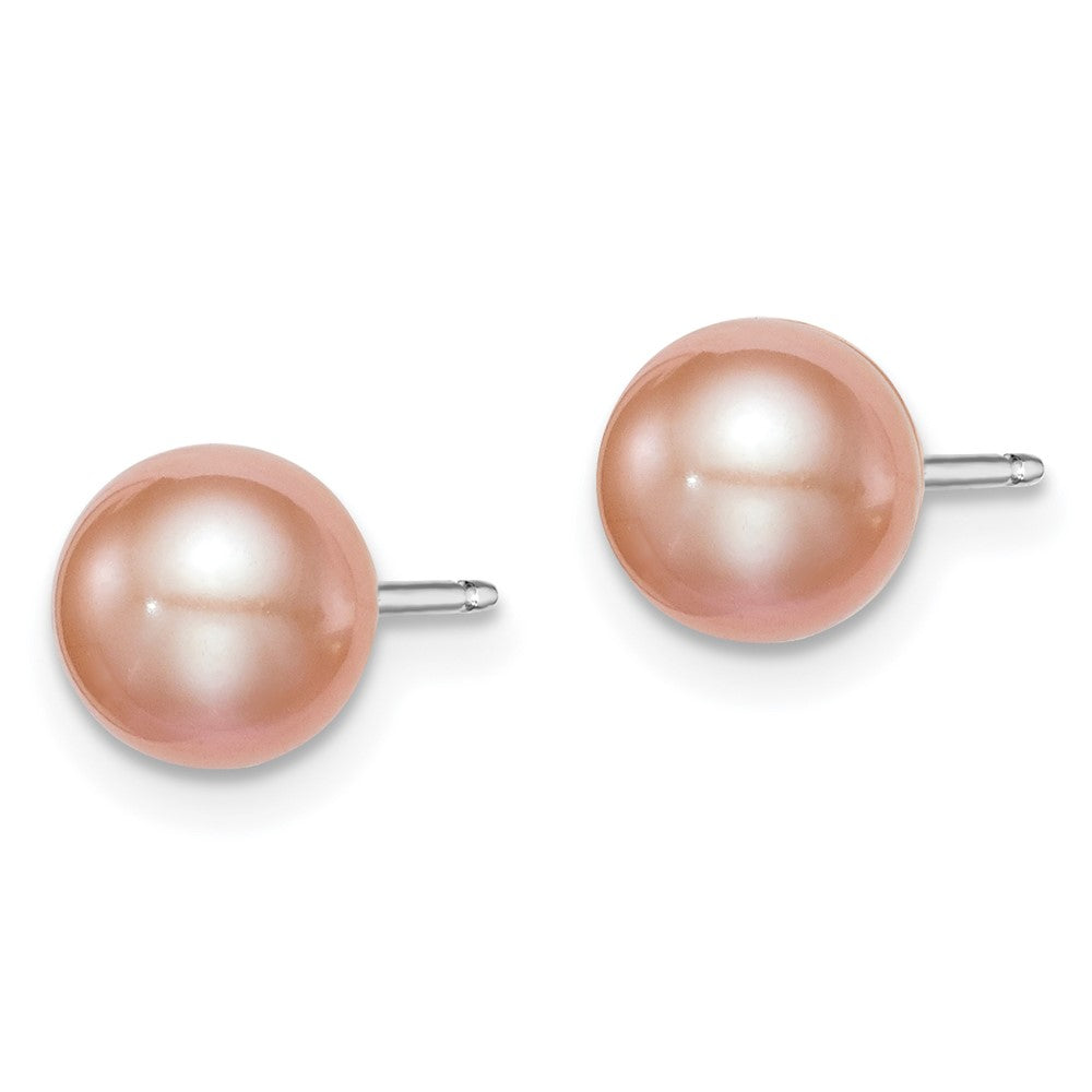 Sterling Silver RH Plated 6-7mm Pink FW Cultured Round Pearl Stud Earrings