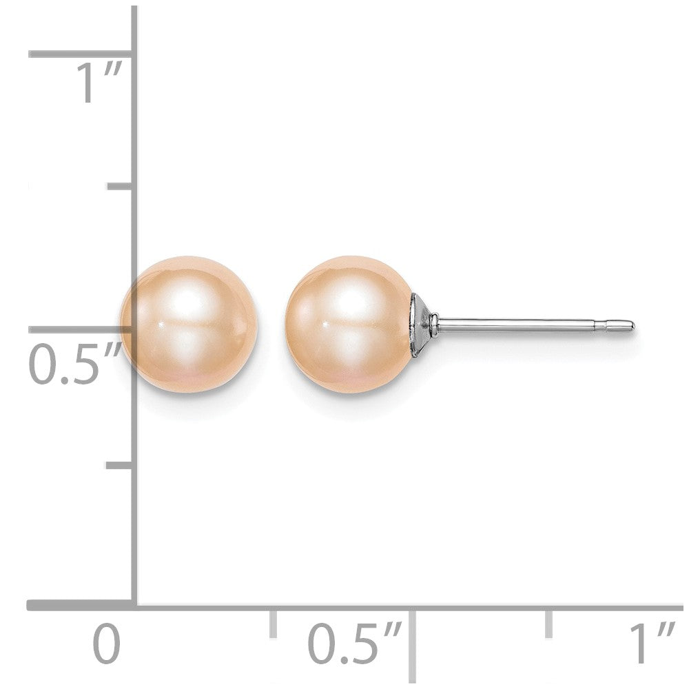 Sterling Silver RH Plated 6-7mm Pink FW Cultured Round Pearl Stud Earrings