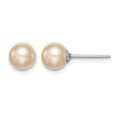 Sterling Silver RH Plated 6-7mm Pink FW Cultured Round Pearl Stud Earrings