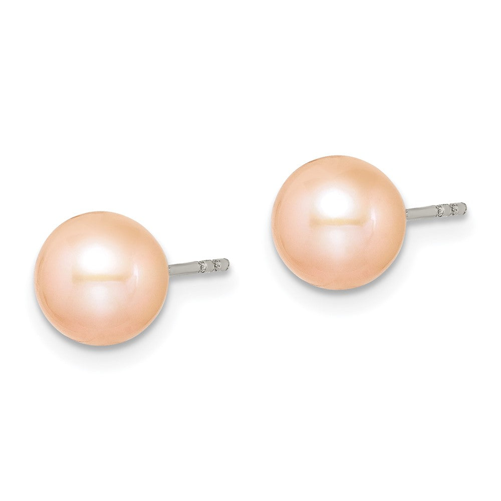 Sterling Silver RH Plated 7-8mm Pink FW Cultured Round Pearl Stud Earrings