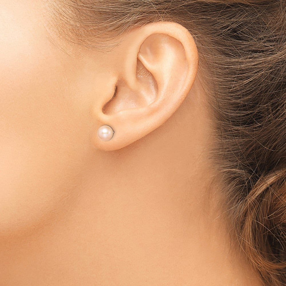 Sterling Silver RH Plated 7-8mm Pink FW Cultured Round Pearl Stud Earrings