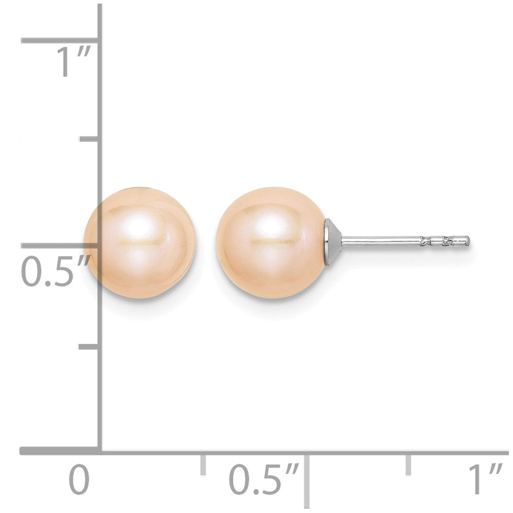 Sterling Silver RH Plated 7-8mm Pink FW Cultured Round Pearl Stud Earrings