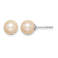 Sterling Silver RH Plated 7-8mm Pink FW Cultured Round Pearl Stud Earrings