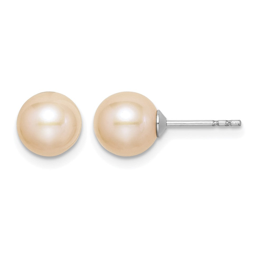 Sterling Silver RH Plated 7-8mm Pink FW Cultured Round Pearl Stud Earrings
