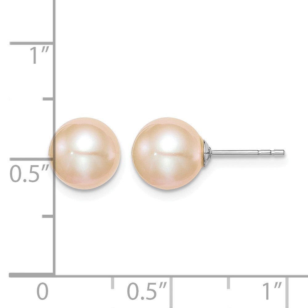 Sterling Silver Rh-plated 8-9mm Pink FW Cultured Round Pearl Stud Earrings