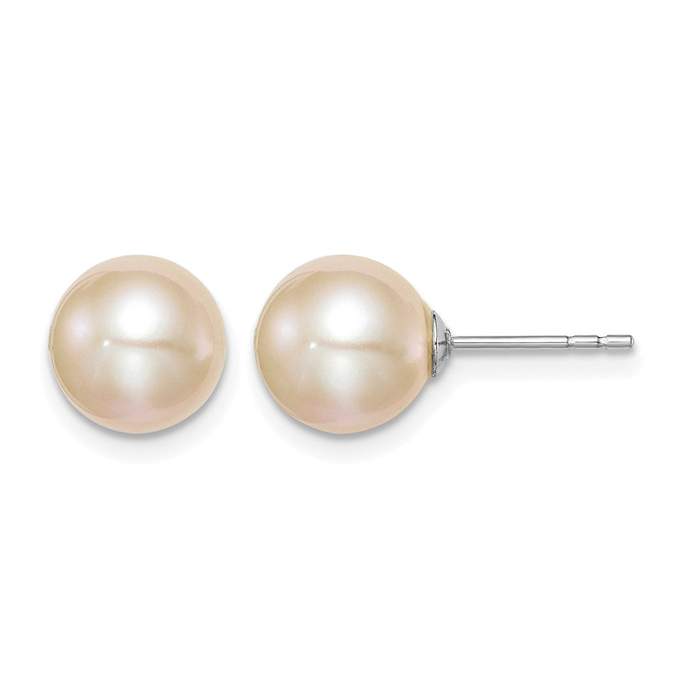 Sterling Silver Rh-plated 8-9mm Pink FW Cultured Round Pearl Stud Earrings