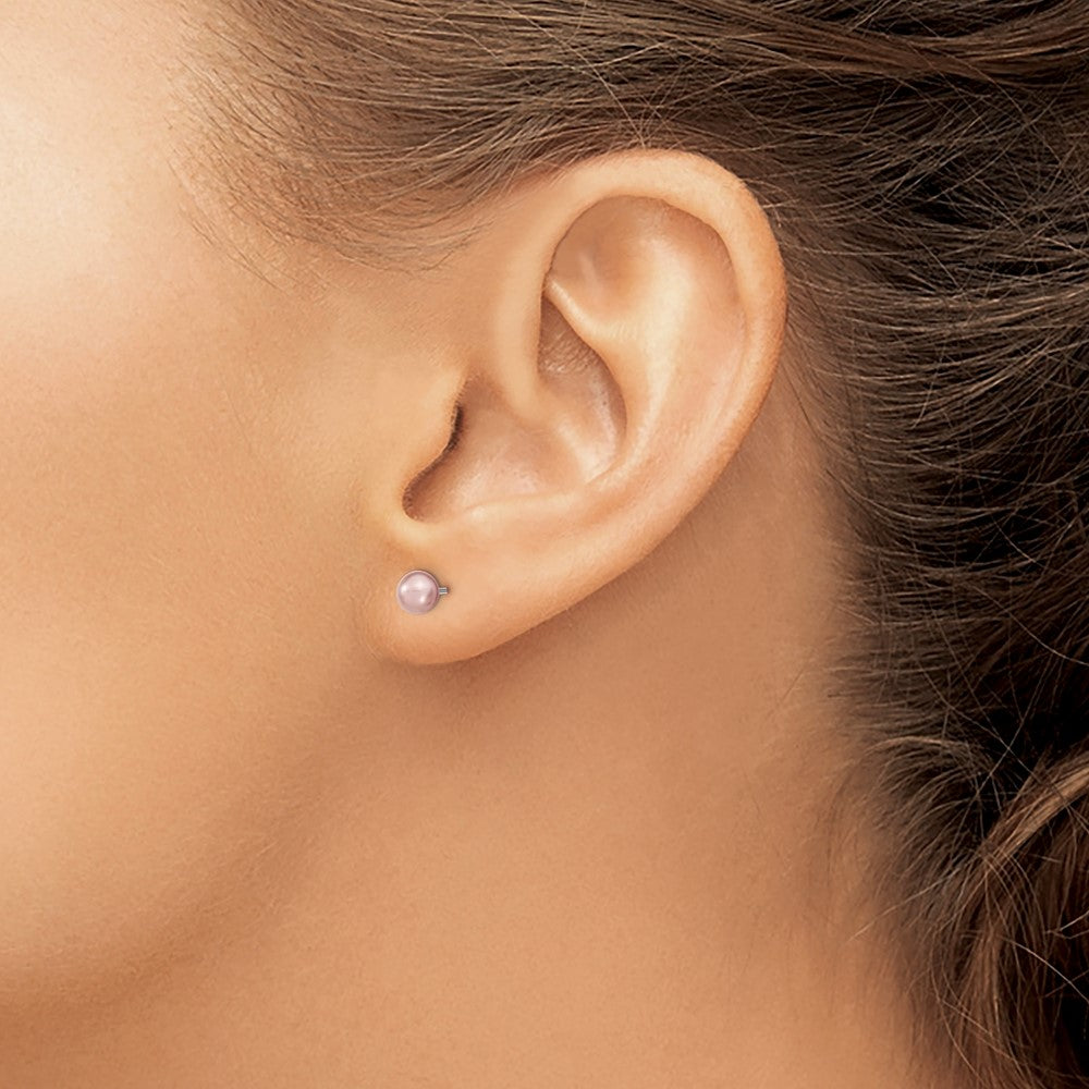 Sterling Silver Rhodium-plated 4-5mm Purple FWC Round Pearl Stud Earrings