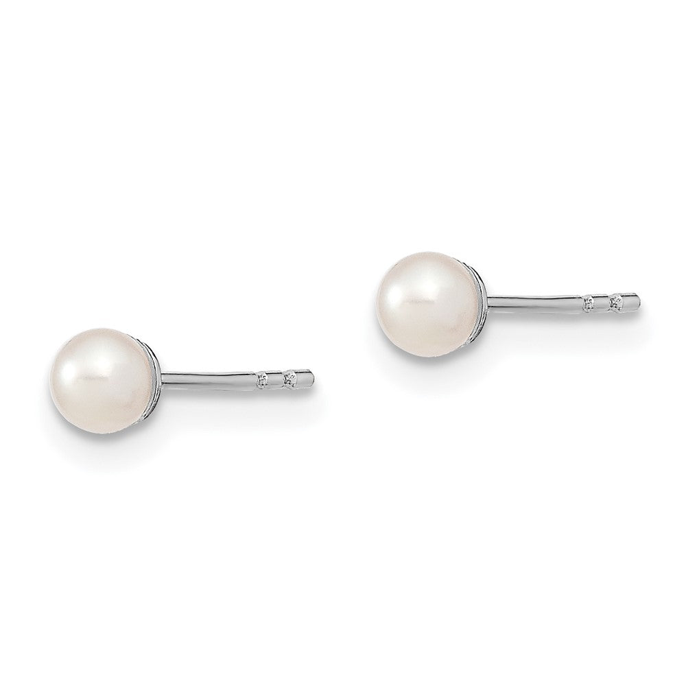 Sterling Silver Rhodium 3-4mm White FW Cultured Round Pearl Stud Earrings