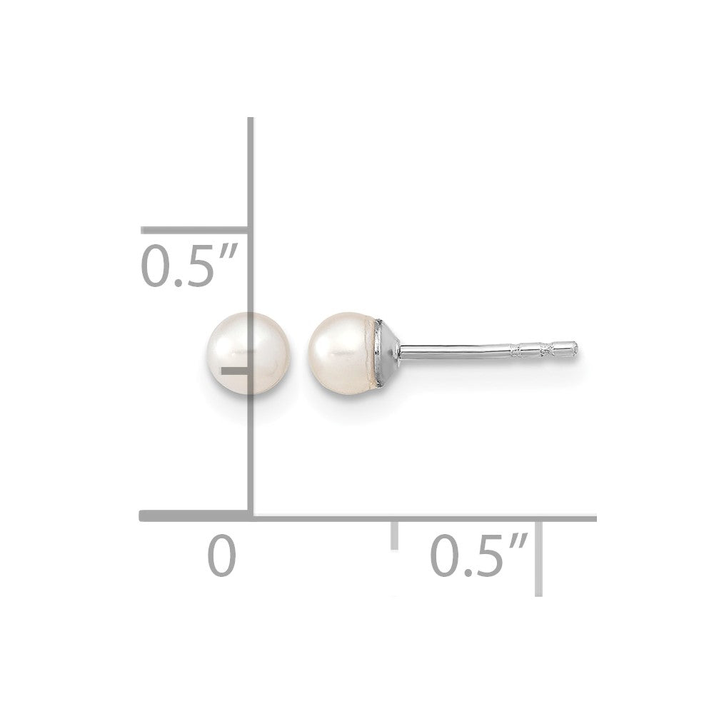 Sterling Silver Rhodium 3-4mm White FW Cultured Round Pearl Stud Earrings