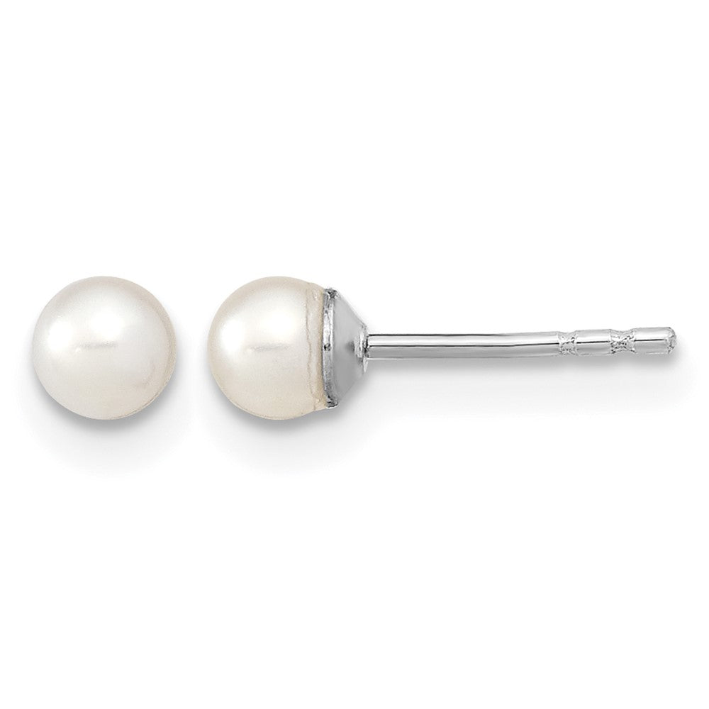 Sterling Silver Rhodium 3-4mm White FW Cultured Round Pearl Stud Earrings