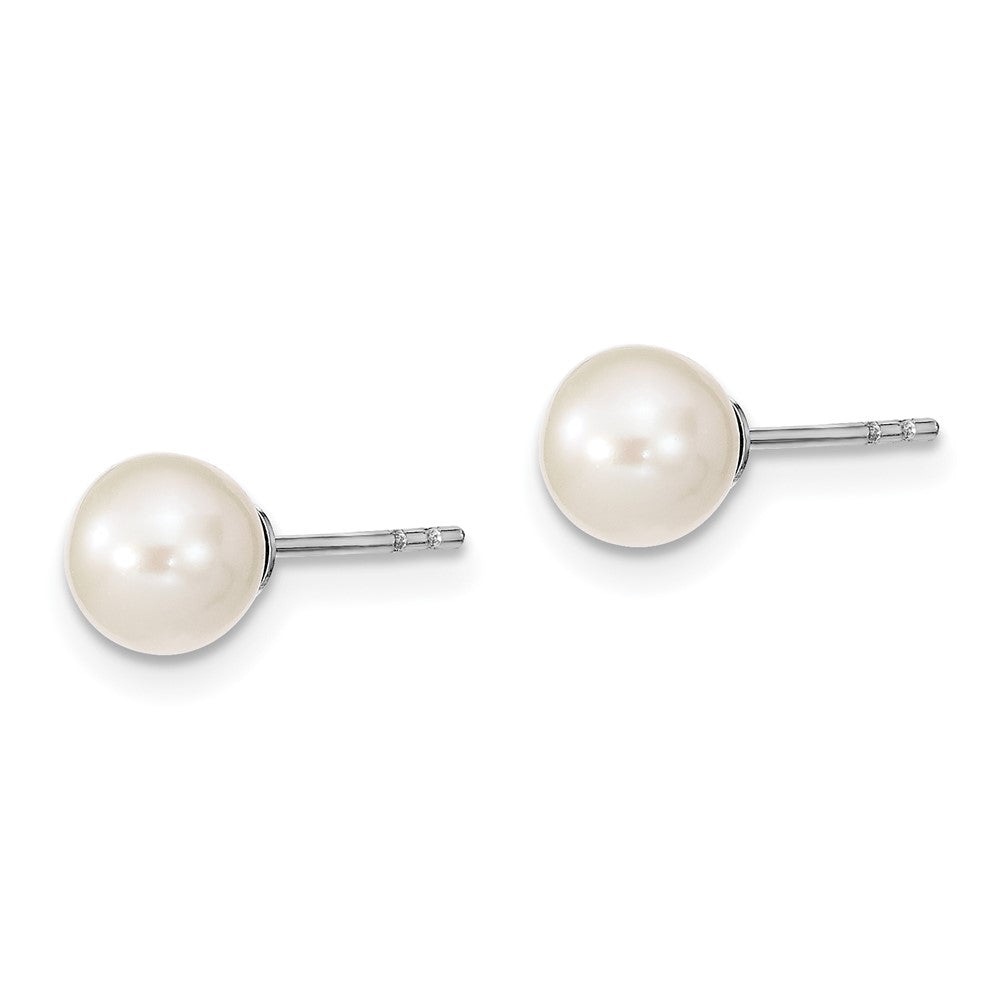 Sterling Silver Rh-plated 6-7mm White FW Cultured Round Pearl Stud Earrings