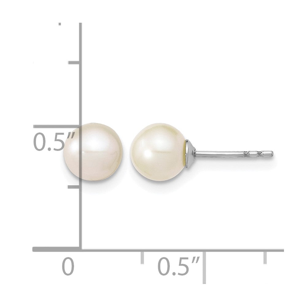 Sterling Silver Rh-plated 6-7mm White FW Cultured Round Pearl Stud Earrings