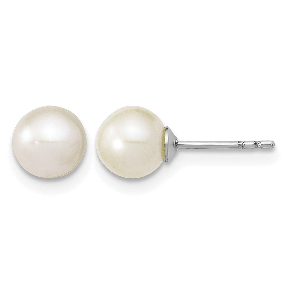Sterling Silver Rh-plated 6-7mm White FW Cultured Round Pearl Stud Earrings