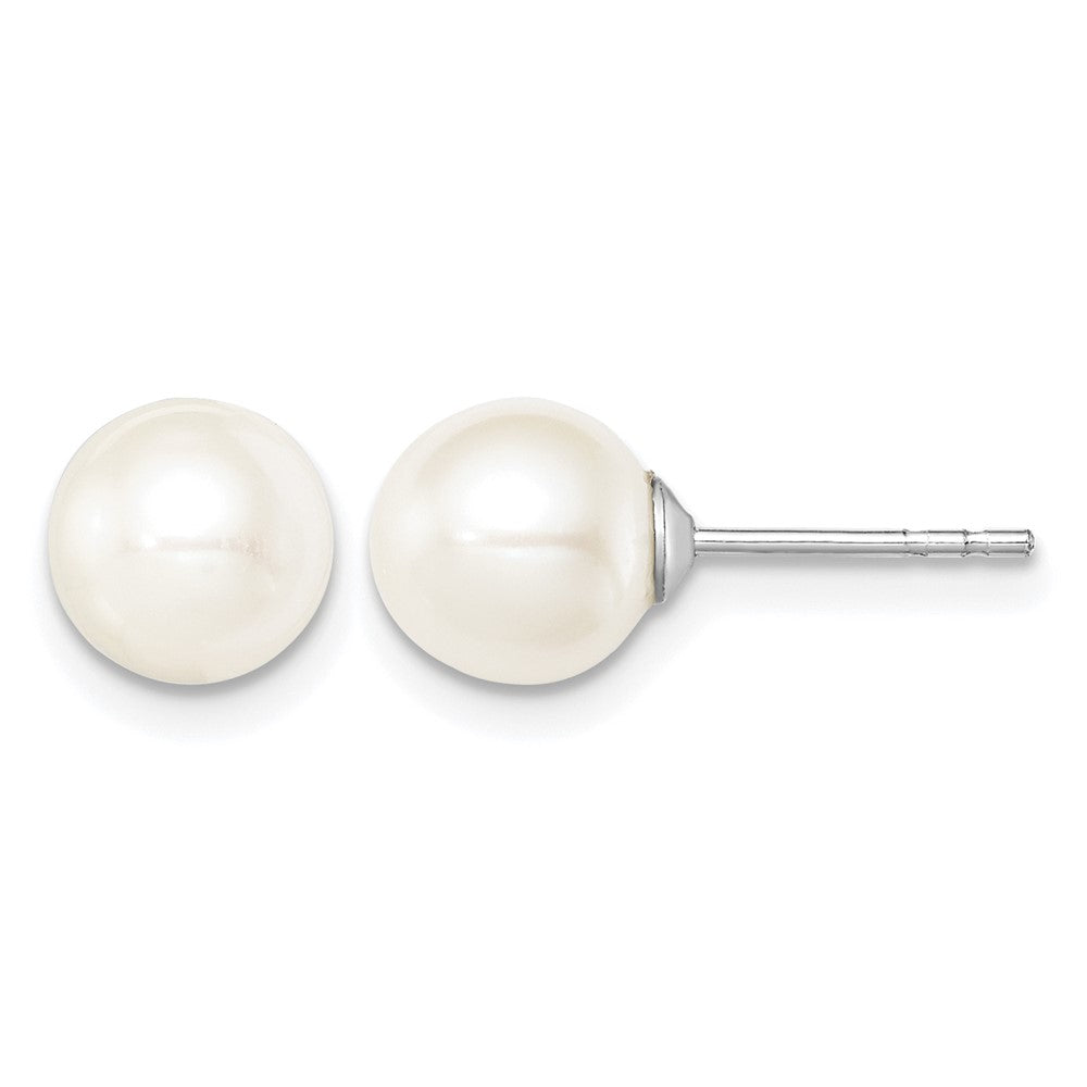 Sterling Silver Rh-plated 7-8mm White FW Cultured Round Pearl Stud Earrings