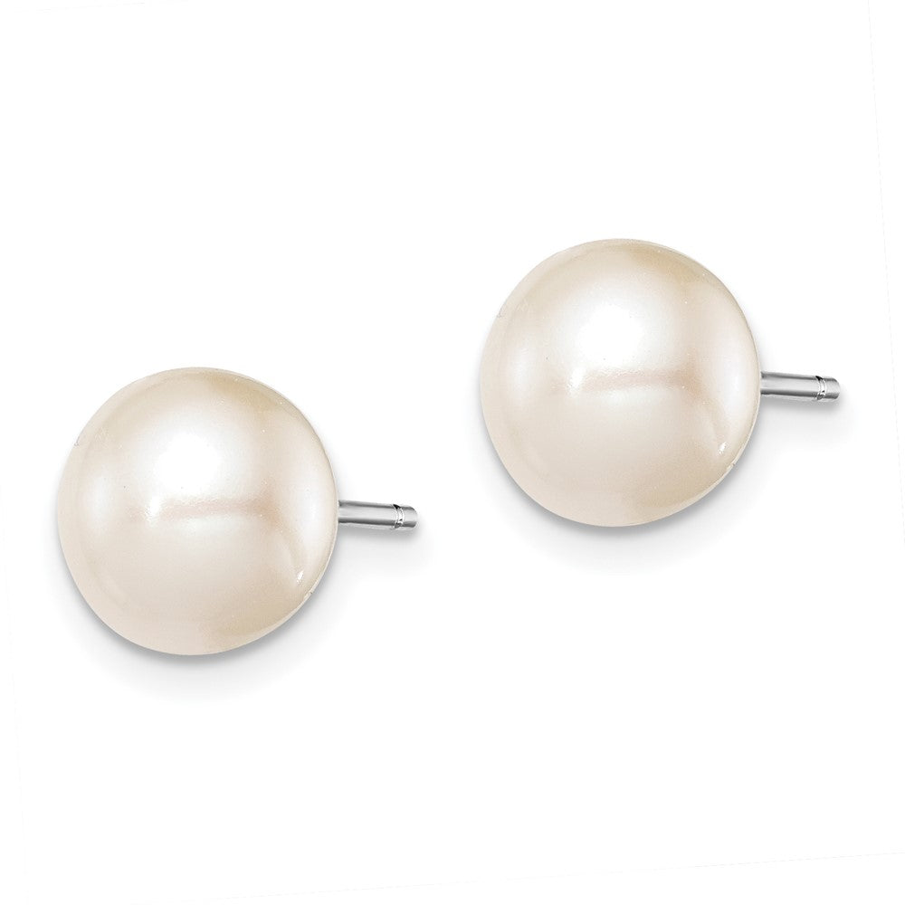 Sterling Silver Rh-plated 8-9mm White FW Cultured Round Pearl Stud Earrings