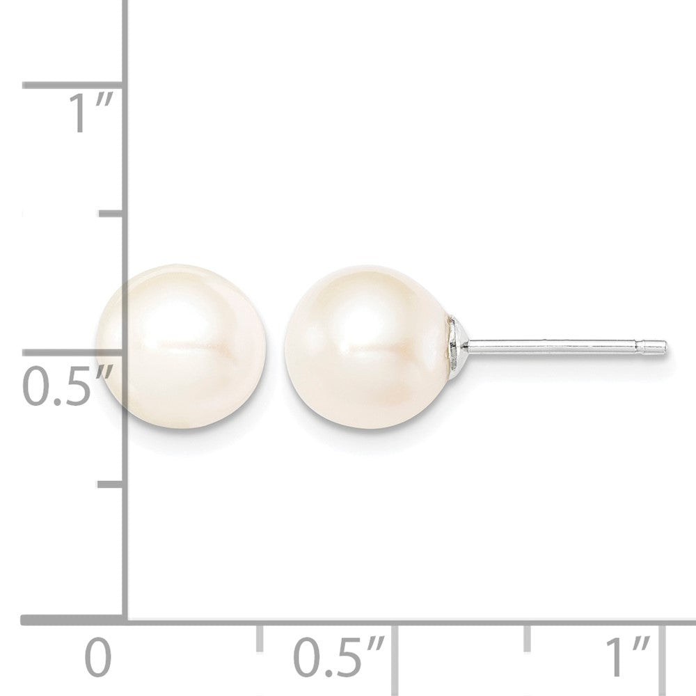 Sterling Silver Rh-plated 8-9mm White FW Cultured Round Pearl Stud Earrings