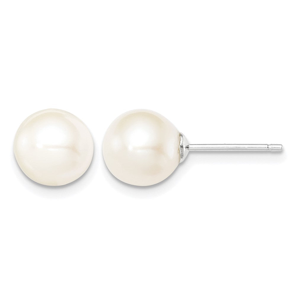 Sterling Silver Rh-plated 8-9mm White FW Cultured Round Pearl Stud Earrings