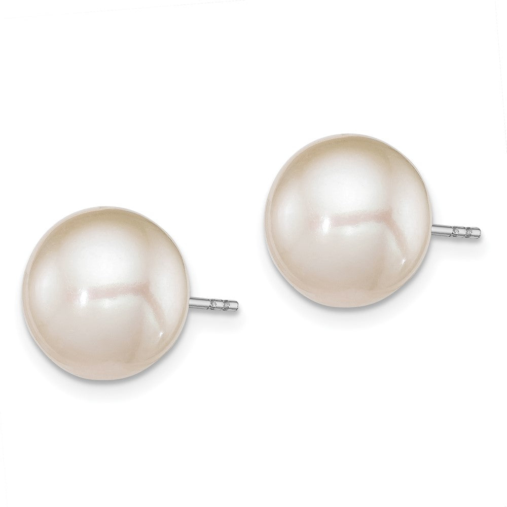 Sterling Silver Rh-plated 10-11mm White FWC Round Pearl Earrings