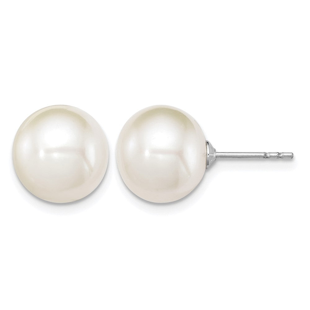 Sterling Silver Rh-plated 10-11mm White FWC Round Pearl Earrings
