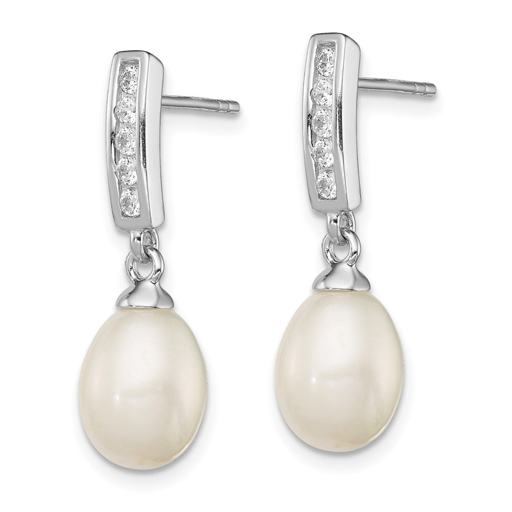 Sterling Silver Rhod-plated 8-9mm White FWC Pearl CZ Post Dangle Earrings